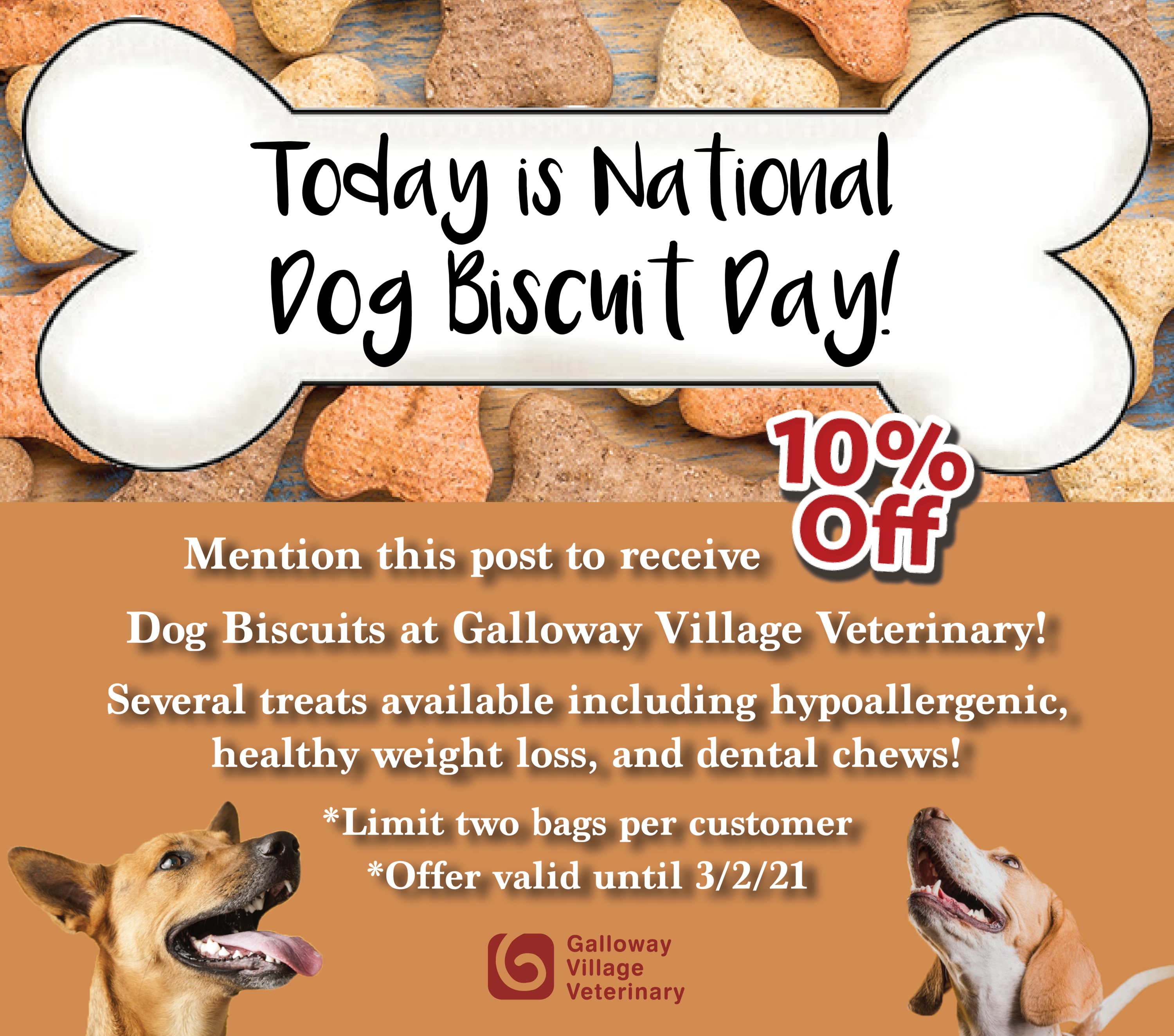In celebration of National Dog Biscuit Day, we will be offering 10% off any bag of dog treats or chews.